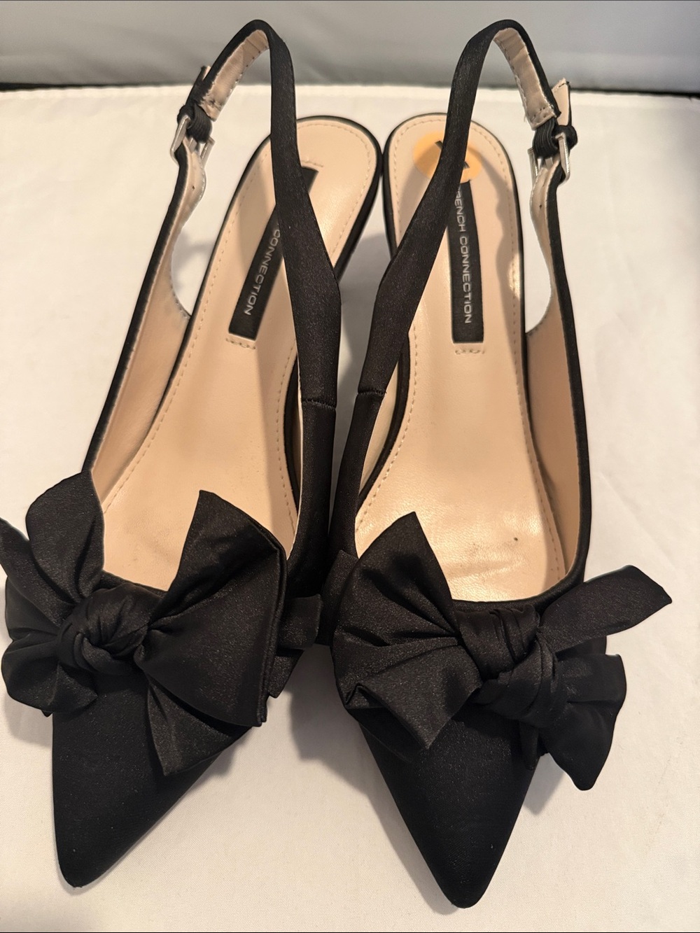French Connection Black Satin Pointed Bow Slingbacks